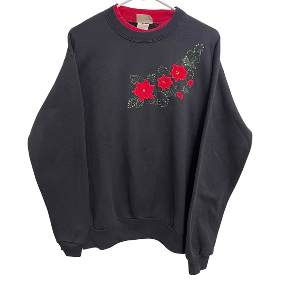 Top Stitch by Morning Sun Sweaters - Vintage Morning‎ Sun Top Stitch Poinsettia Grandma Christmas Holiday Sweater L